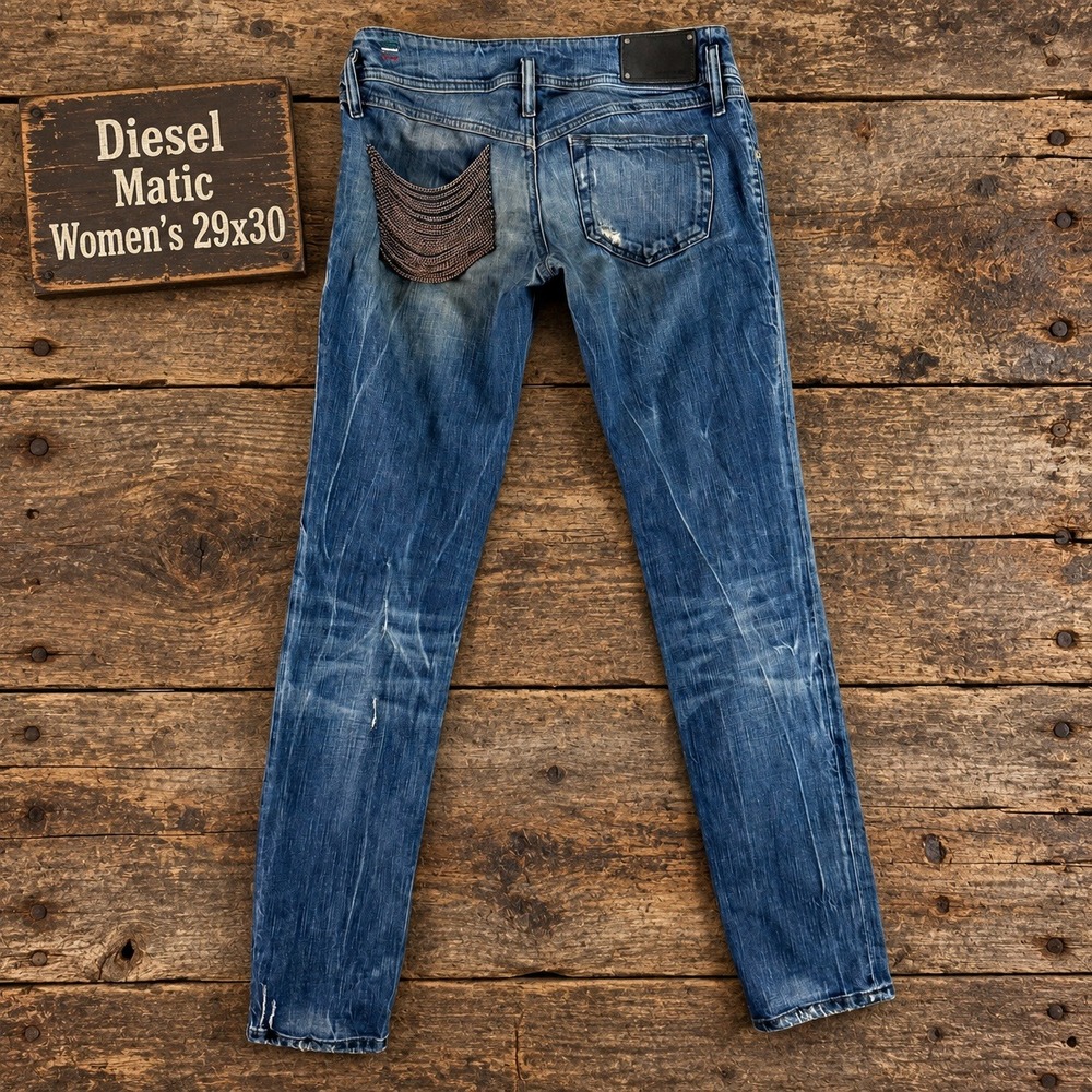 Diesel Matic Womens 29x30 Slim Jeans Blue Faux Chain Pocket Low Rise Italy